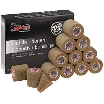 Immagine di ALPIDEX 12 Rotoli Benda Adesiva 5 cm x 4,5 m Molti Colori Bendaggio Coesivo Fasciatura Personi Animali Garza Elastica Autoadesivo Cavalli Cani Umani, Colore:beige