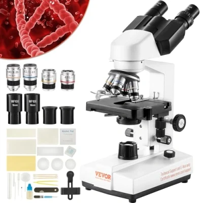 Immagine di VEVOR Microscopio binoculare 10X, 25X, composto, Obiettivi 4X, 40X, 100X, laboratorio Ingrandimento 40 2500, 100 240V di
