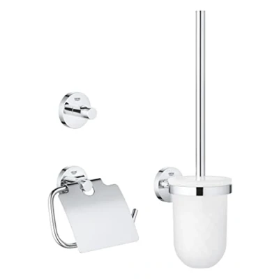 Immagine di GROHE QuickFix Start, Set accessori da bagno 3 in 1 portarotolo con coperchio, scopino per WC, gancio accappatoio, montaggio facile QuickGlue, Cromo, 41204000