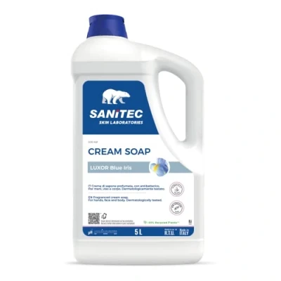 Immagine di Sanitec, Luxor Blue Iris, Crema di Sapone Profumata Idratante con Glicerina e Antibatterico, Deterge le Mani Lasciandole Fresche Pulite, pH 5,5, Dermatologicamente Testato, Made in Italy, 5L 5000ml