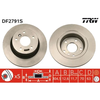 Immagine di TRW DF2791S Disco freno 304,5 12,6 5 120 pieno verniciato LAND ROVER: Discovery 2, Range Rover 3, 2