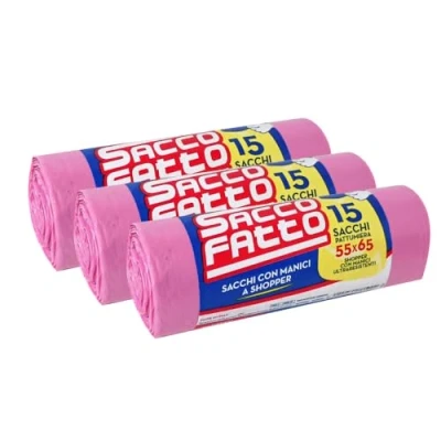 Immagine di 45 Sacchi Spazzatura Rosa, Sacchetti Plastica con Manici a Shopper, 55x65cm, Trasparenti Super Resistenti, Spazzatura, Raccolta Differenziata, Differenziata Esterno