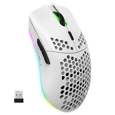 Immagine di Mouse da Gioco Wireless, RGB Ergonomico a Guscio Leggero Nido D&#039;ape aa 2,4G con Batteria Ricaricabile 750mAh, 6 Pulsanti e Ricevitore Mini USB per Windows, Mac OS, Laptop, Smart TV(Bianca)