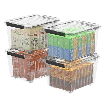 Immagine di Cetomo Scatola portaoggetti in plastica da 55 L* 4, contenitore organizzativo con coperchio durevole e fibbie di chiusura sicure, impilabile annidabile, confezione trasparente fibbia nera