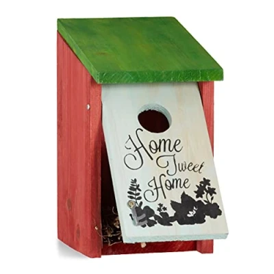 Immagine di Relaxdays Nido artificiale uccellini HOME TWEET legno, da appendere decorativo HLP: 21,5 x 12 15,2 cm rosso verde
