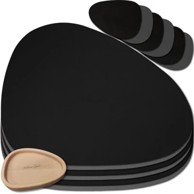 Immagine di Mahewa® Set di 6 tovagliette in similpelle alta qualità, lavabili e impermeabili, effetto pelle (grigio scuro/nero, ovali con supporto legno)