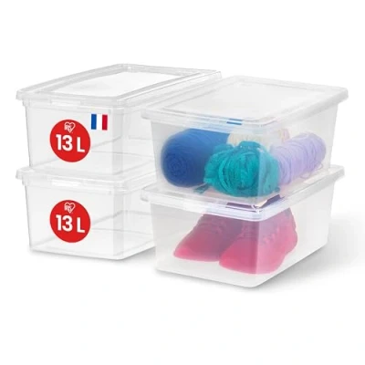 Immagine di Iris Ohyama, Scatola di Plastica Multiuso, 13L, Lotto 4, Trasparente, Chiusura Facile, Impilabile, per Camera da Letto, Cucina, Ufficio, Bagno, Vestiti, Giocattoli, Senza BPA, CNL 13E