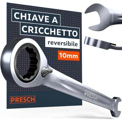 Immagine di PRESCH Chiave a cricchetto 10mm reversibili Angolo di ritorno minimo (4, 90 denti) Inclinazione 15 per spazi ristretti con robusta fresata precisione