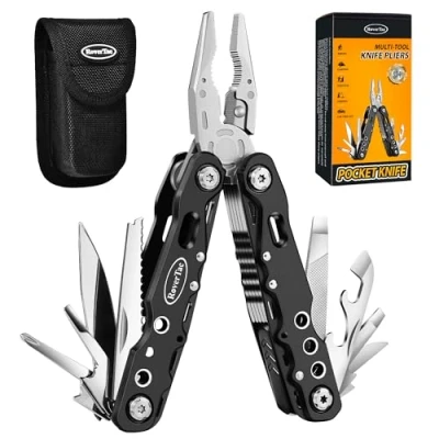 Immagine di RoverTac coltello tascabile con pinze multiutensile, 14 in 1 multiutensile sega apribottiglie chiusura di sicurezza fodero nylon, attrezzatura da campeggio, regali per uomini papà