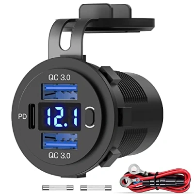 Immagine di Presa USB 12V Dual 18W Quick Charge 3.0 Port &amp; 30W PD C per Caricabatteria Auto con Voltmetro e Interruttore Impermeabile Barca Marine Truck RV