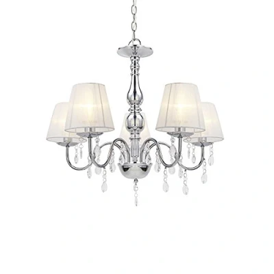Immagine di lux.pro Lampadario a 5 Bracci con Pendenti in Cristalli Artificiali Lampada da Soffitto Fonti Luce Paralumi Bianchi