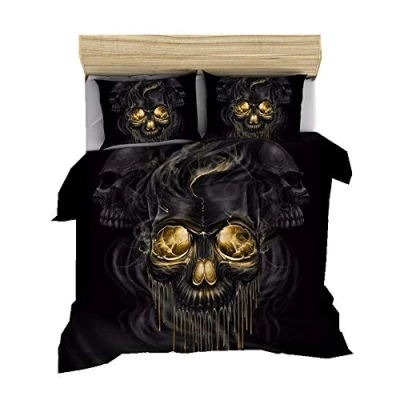 Immagine di Sticker Superb Set di Biancheria da Letto Singolo Matrimoniale de 3 Pezzi, Gotico Teschio Copripiumino per Bambino Uomo Donna Rosa Skull Fiamma Poliestere Lenzuolo Federa (Nero,200x200 cm)