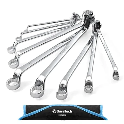 Immagine di DURATECH Set di chiavi a doppio anello, 9 pezzi, metriche, offset 75 gradi, 6 23 mm, acciaio al cromo vanadio, con custodia per rotolo