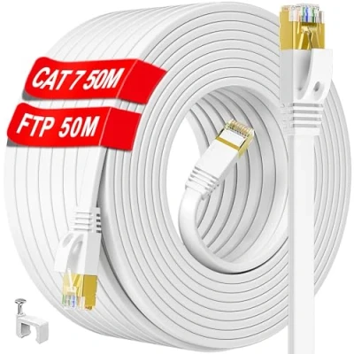 Immagine di Cavo Ethernet Cat 7 da 50 metri, Esterno Interno Schermato LAN Piatto, Alta Velocità di Rete 10Gbps 600MHz Bianco RJ45 Internet FTP, Lungo Gigabit Patch per Router Switch(50 Clips)