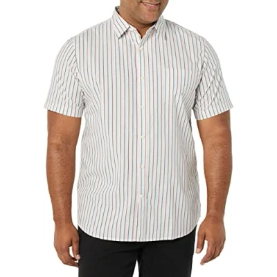 Immagine di Amazon Essentials Camicia in Popeline a Maniche Corte Slim Uomo, Rosa Foglia di tè Righe, XXL
