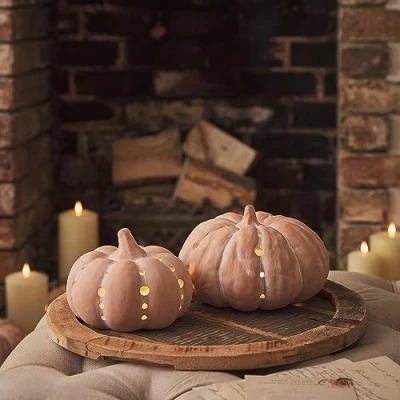 Immagine di Lights4fun Set di 2 LED zucca terracotta funzionamento a batteria timer Halloween decorazione autunno all&#039;aperto