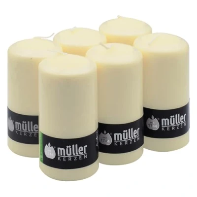 Immagine di Müller Candele Avorio a Colonna Cilindriche, Set di 6 Colore Avorio, dim. 68 x 135 mm, Lunga Durata 40 Ore, Cera Antigoccia, Inodore, Qualità RAL