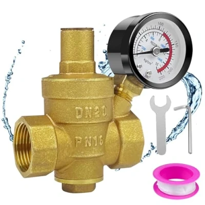 Immagine di Lectorias DN20 Riduttore di Pressione Acqua con Manometro Acqua, Regolatore in Ottone, Valvola Diriduzione Della Pressione, Riduciatore Dell&#039;Acqua