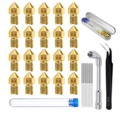 Immagine di 20pcs 0,4 mm 3D Ugello dell&#039;Estrusore della Stampante MK8, con 10pcs Ago Pulizia(0.35 mm)+ 1 Chiave + Pinzetta Gomito, Per MK8 Makerbot/Creality CR 10 / Ender 3/5