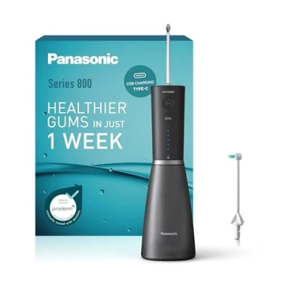 Immagine di Panasonic Series 800 Irrigatore Orale a Ultrasuoni EW DJ86 K503, Idropulsore per Denti, 200ml, 1 Ugello e Ortodontico, 5 Impostazioni di Pressione, Accessorio da Viaggio, Nero