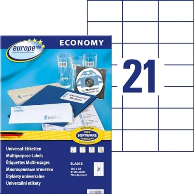 Immagine di Europe100 Art. ELA013 Adesivi per indirizzi (2.100 etichette adesive, 70 x 42,3 mm su formato A4, carta opaca, stampabili personalizzati, autoadesive, compatibili con AVERY 3652), 100 fogli, bianco