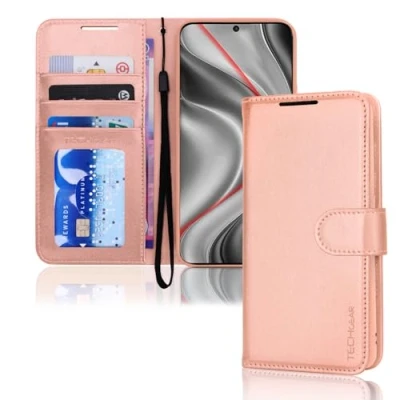 Immagine di TECHGEAR Custodia a Portafoglio in Pelle per Galaxy S24 Plus, Protettiva Flip con Porta Carte Portafoglio, Supporto e Cinturino da Polso PU Oro Rosa Chiusura Magnetica Progett