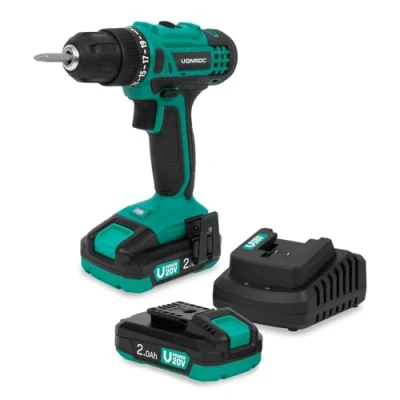 Immagine di VONROC Trapano avvitatore a batteria VPower 20V. Set completo con due ricaricabile da 2.0 Ah, caricabatterie rapido, punte e sacca portautensili