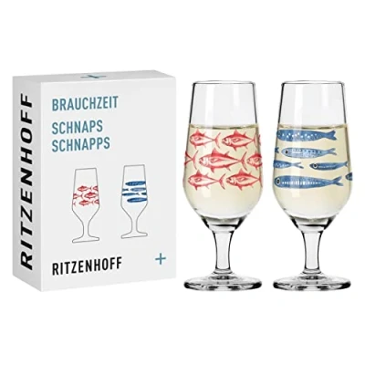Immagine di Ritzenhoff 3871002 Set di 2 bicchieri da liquore 40 ml, serie n. 3 + 4, motivo pesce, rotondo, rosso e blu, made in Germany
