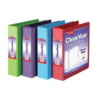 Immagine di Cardinal Raccoglitori a 3 anelli, per scuola e ufficio, resistenti, 5 cm, con anelli rotondi, contiene 475 fogli, copertina ClearVue, antiaderente, senza PVC, colori assortiti, confezione da 4 (29311)