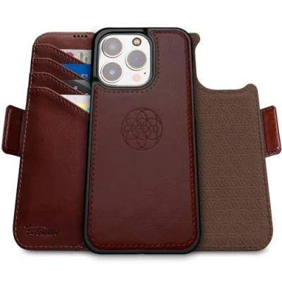 Immagine di dreem Fibonacci compatibile con iPhone 15 Pro Max custodia a portafoglio/custodia antiurto 2 in 1 e folio pelle vegana staccabile, MagSafe, protezione RFID [Caffè]