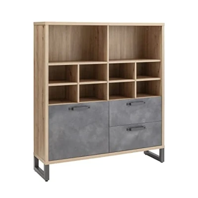Immagine di Composad Libreria della Linea LAFABRICA con 2 Cassetti, 1 Anta e 10 Vani, Moderna stile Industrial, (LxAxP) 131,60x147,20x35 cm, Colore Rovere Oak Mielato Grigio Tadao, Made in Italy