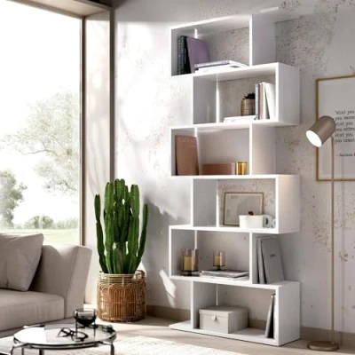 Immagine di Dmora Libreria Misma, Scaffale da ufficio multiuso, Mobile biblioteca portalibri a 6 ripiani, 80x25h190 cm, Bianco