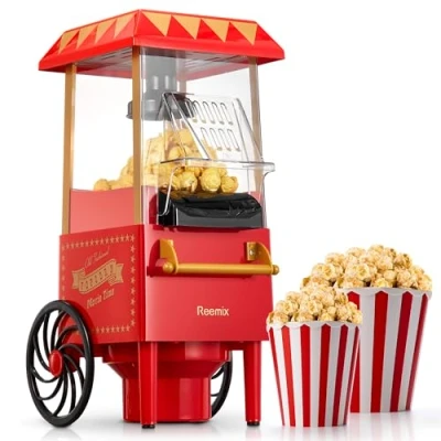 Immagine di Macchina popcorn, Reemix 1200W Retrò Popcorn Maker, Senza olio, fresco fatto in casa meno di 3 minuti, Utilizza aria calda, Coperchio staccabile, Feste, Serate cinematografiche, Rosso