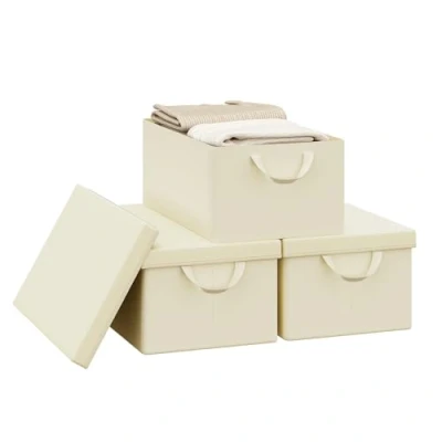 Immagine di WOLTU Scatola Portaoggetti Pieghevole, Set di 3 Ceste in Tessuto, Cubo con Coperchio e Maniglie, per Vestiti, Libri Giocattoli, Crema, 48x20x29 cm, ABB02cm