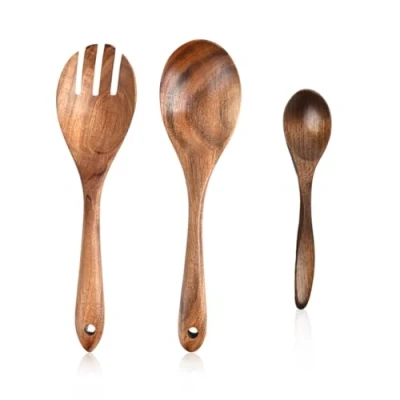 Immagine di DHSBGWSX set di 3 cucchiai e forchette, padelle antiaderenti, cucchiaio in legno forchetta, da insalata, cucina portata