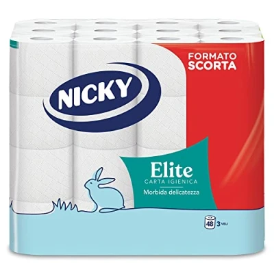 Immagine di Nicky Elite 48 Rotoli di Carta Igienica, 150 Soffici Fogli a 3 Veli, Morbida e Resistente Contatto con la Pelle, Dermatologicamente Testata, 100% Certificata FSC®