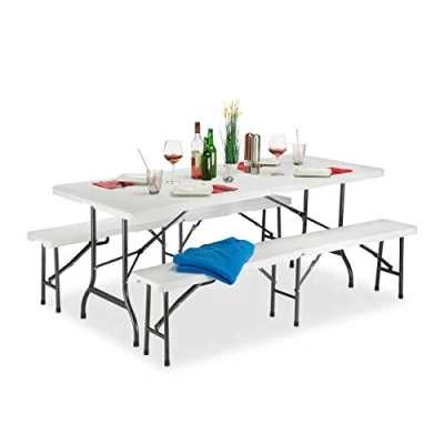 Immagine di Relaxdays Set Chiosco Tavolo Panche ribaltabili, 3 Pezzi Arredo Giardino, Monocolore, Bianco, H x L P: 74 180 74, 5 cm