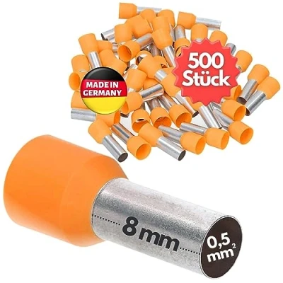 Immagine di Kalitec AE0508OR 500 terminali isolati, 0,5 mm², lunghezza 8 mm, colore arancione, made in Germany, qualità industriale