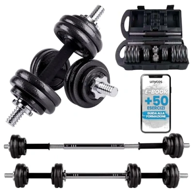Immagine di unycos Set di Manubri Regolabili 2 in 1 con Esercizi E Book, Dischi Ferro Diversi Pesi【15 kg】Tubo Collegamento per Uomini/Donne, Allenamento, Palestra a Casa, Fitness (Iron Transformer)