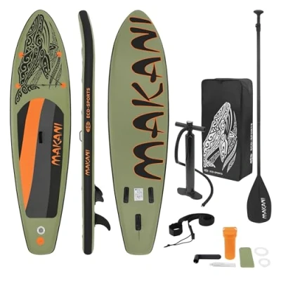 Immagine di ECD Germany Stand Up Paddle Board Makani 320x80x15 cm Tavola da SUP Gonfiabile per Adulti e Bambini Max 120 kg Set Completo con Pagaia Pompa Zaino Cordino di Sicurezza Kit Riparazione Colore Oliva