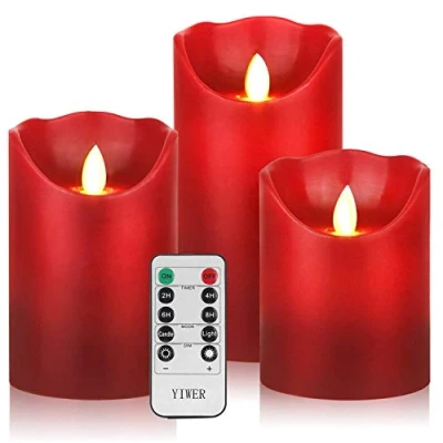 Immagine di LED Candele Flameless Φ 8CM x H 10CM/12CM/15CM Set di 3 celle reali non in plastica comprendono le e il telecomando a 10 tasti con 2/4/6/8 ore Funzione timer 200 YIWER (3x1,Rosso)