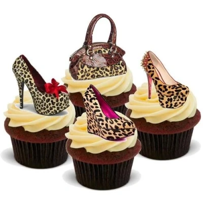 Immagine di LEOPARDATO BORSA SCARPA MISTO 12 Decorazioni Commestibili Per Torte LEOPARD PRINT HANDBAG SHOE MIX Edible Stand Up Premium Wafer Cake Toppers