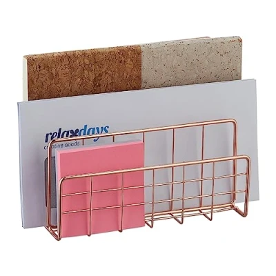 Immagine di Relaxdays Portalettere da Scrivania, Portadocumenti, 3 Scomparti, Design a Rete, 14 x 17,5 8 cm, in Ferro, Oro Rosato