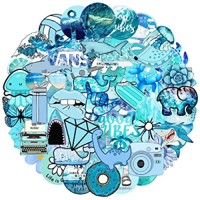 Immagine di MARSFORCE Vsco Adesivi impermeabili in vinile per computer portatile, bottiglie d&#039;acqua, skateboard, bagagli, auto, moto, chitarra, valigia, taccuino, cellulare, 50 pezzi, blu