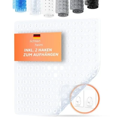 Immagine di LICHTENHEIM tappetino da doccia antiscivolo Sensitiv 53 x cm, con 2 ganci, per vasca bagno senza BPA, resistente alla muffa e lavabile (trasparente)