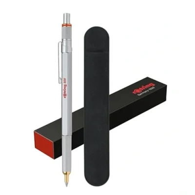 Immagine di rOtring Penna a sfera 800, punta media, inchiostro nero, fusto argento, ricaricabile, con custodia in velluto
