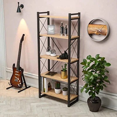 Immagine di [en.casa] Scaffale a Terra (AxLxP) 180 x 65 30 cm Libreria con 5 Ripiani Mobile Espositore Telaio in Metallo Nero/Color Legno