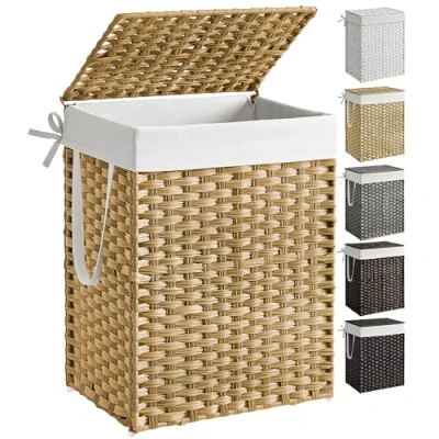 Immagine di SONGMICS Cesto portabiancheria intrecciato a mano, 90 l, in rattan sintetico, con coperchio e manici, pieghevole, sfoderabile, ULCB51NL