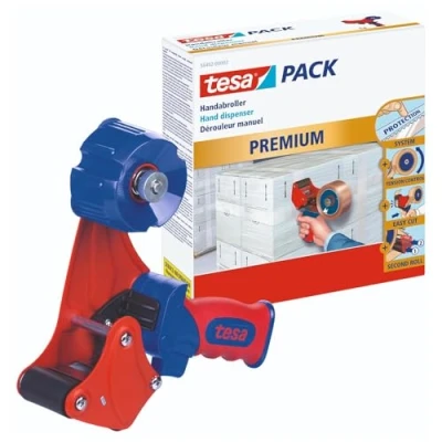 Immagine di tesapack Dispenser Manuale Economy Per Nastro da Imballaggio ergonomico portatile in metallo robusto rotoli fino a 50 mm di larghezza Colore: Blu e Rosso