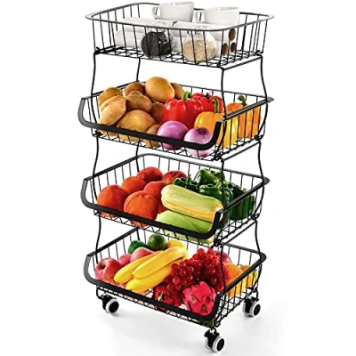 Immagine di Cestino per Frutta a 4 strati e Verdura con Ruote, Portaoggetti impilabile, adatto Cucina, Bagno